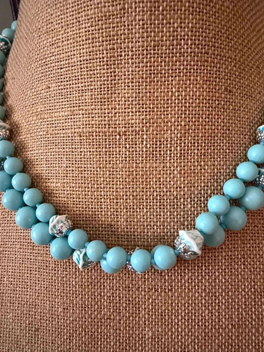 VTG Blue Bead Necklace and Clip-On Earrings Set